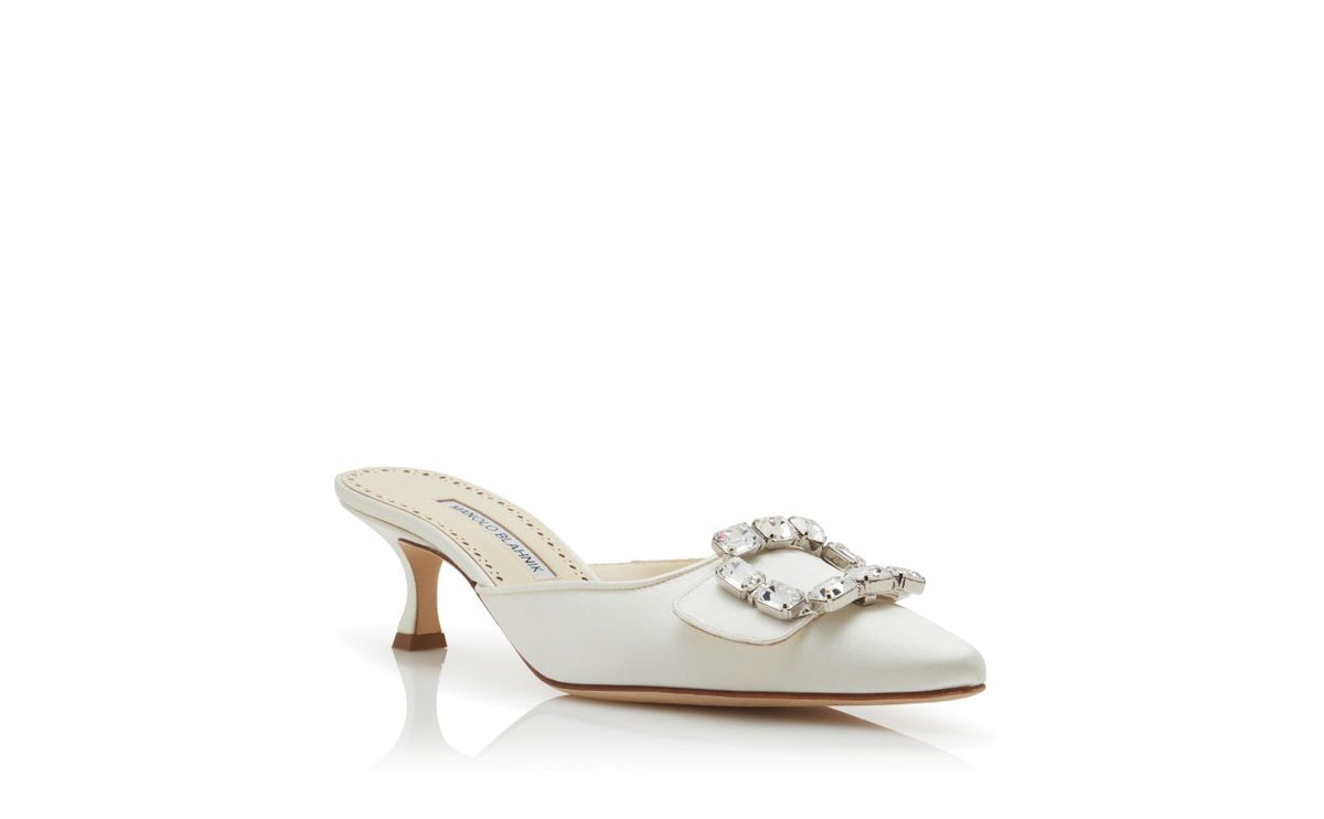 Isadora Lace White Crystal Buckle Mules – top view showing white crystal buckle, pointed toe, satin, Vowalisse