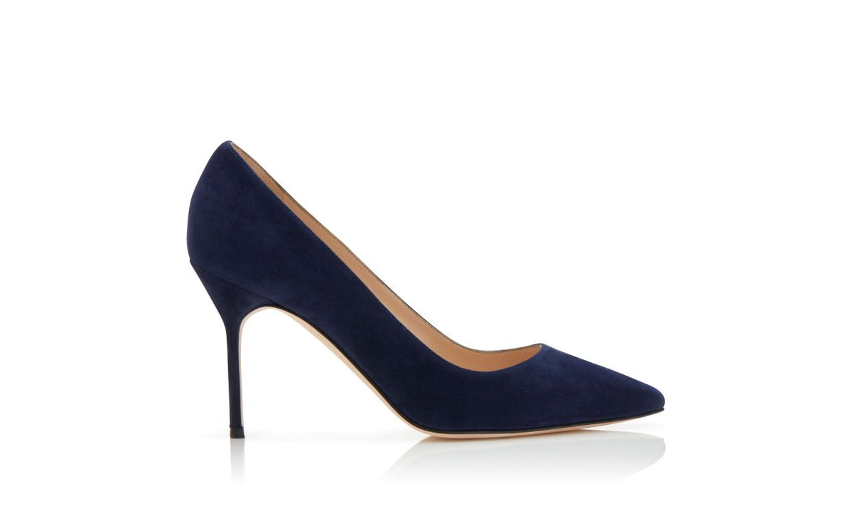 Emmeline Dawn Blue Pointed Toe Pumps – side profile showing blue pointed toe, suede, Vowalisse