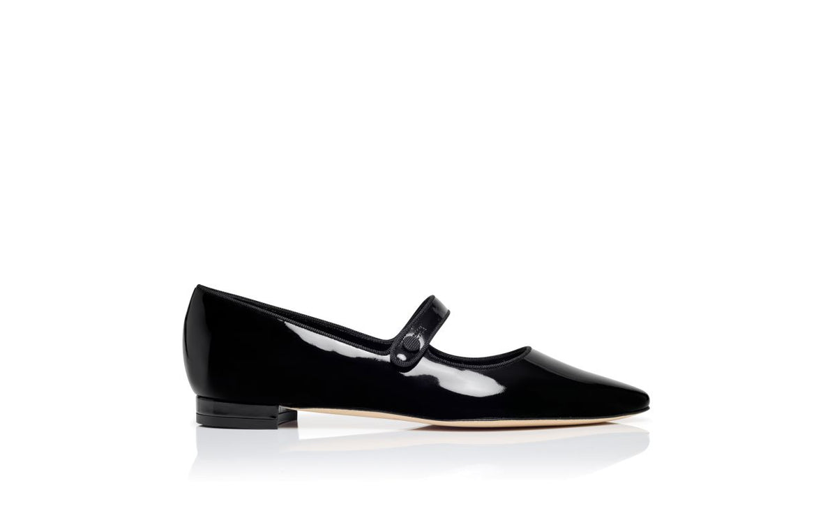 Ophelia Pearl Black Pointed Toe Mary Jane Shoes – side profile showing black pointed toe, patent leather, Vowalisse