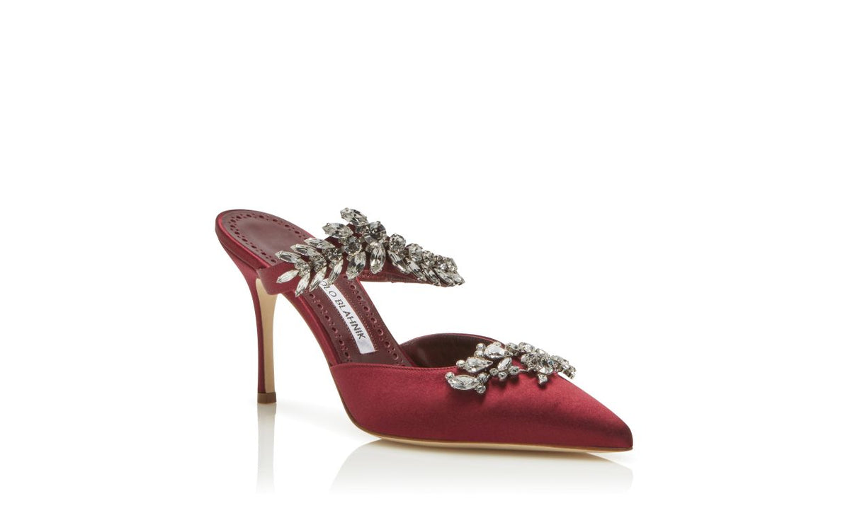 Evangeline Dream Red Crystal Embellished Mules – top view showing red crystal embellished, pointed toe, satin, Vowalisse