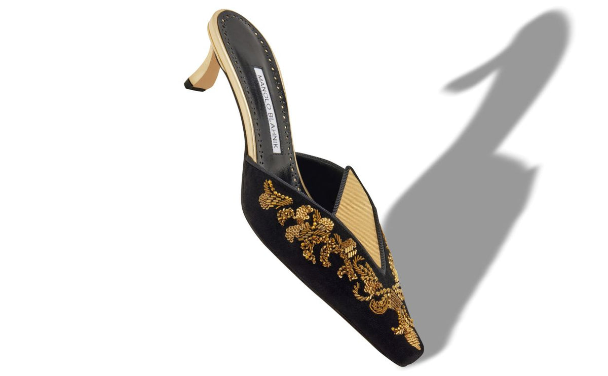 Marielle Star Black Almond Toe Mules – front three-quarter view showing black almond toe, velvet, Vowalisse