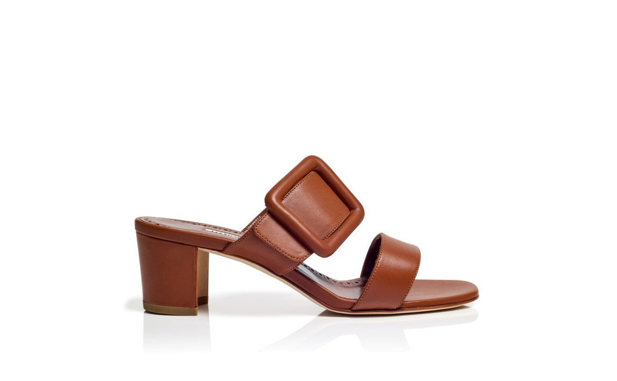 Camellia Halo Brown Open Toe Mules – side profile showing brown open toe, nappa leather, Vowalisse