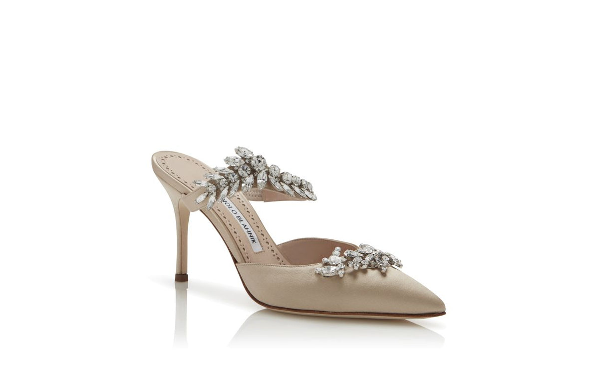 Elara Crown Neutral Crystal Embellished Mules – top view showing neutral crystal embellished, pointed toe, satin, Vowalisse