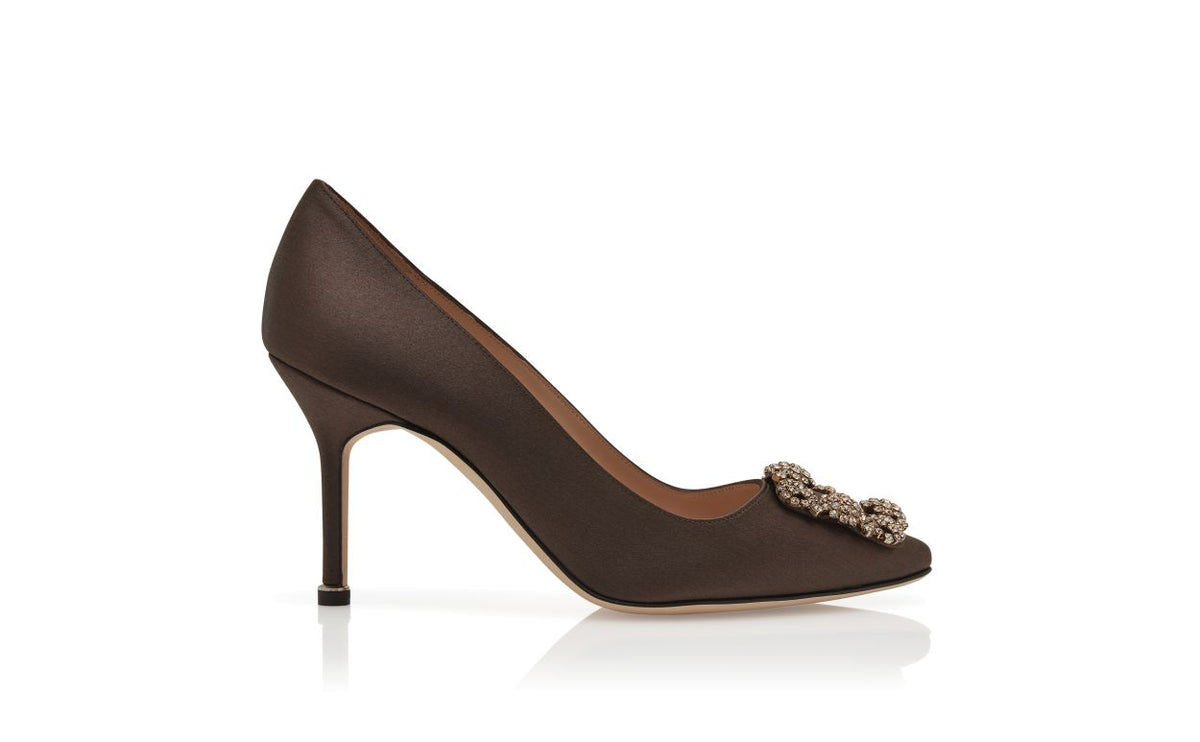 Juliette Élan Brown Jewel Buckle Pumps – side profile showing brown jewel buckle, crystal buckle, almond toe, satin…