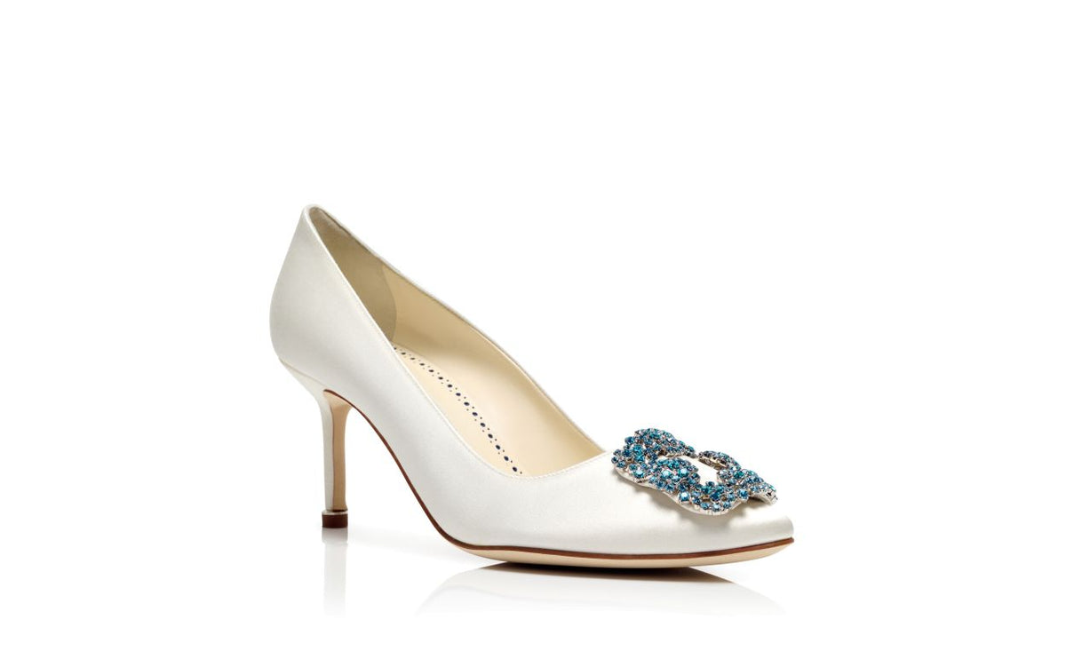 Magnolia Crown White Jewel Buckle Pumps – top view showing white jewel buckle, crystal buckle, almond toe, satin, Vowalisse