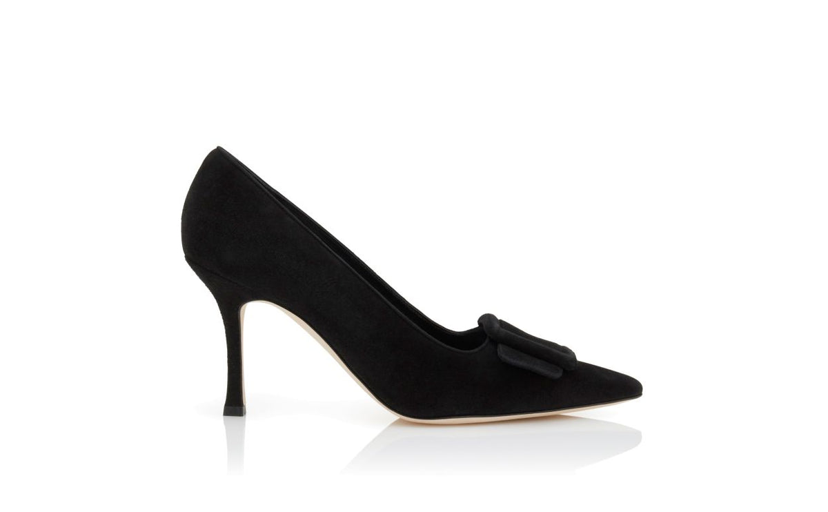 Camellia Dream Black Pointed Toe Pumps – side profile showing black pointed toe, suede, Vowalisse