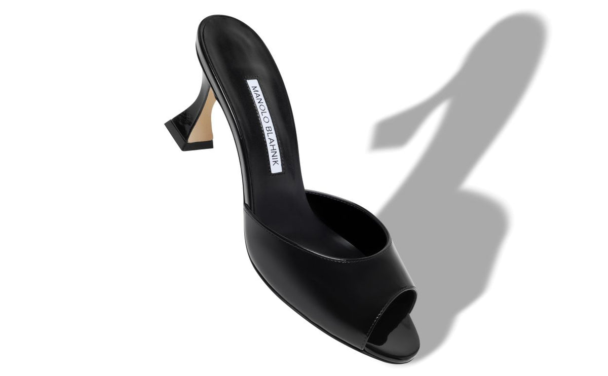 Celeste Jewel Black Open Toe Mules – front three-quarter view showing black open toe, patent leather, Vowalisse