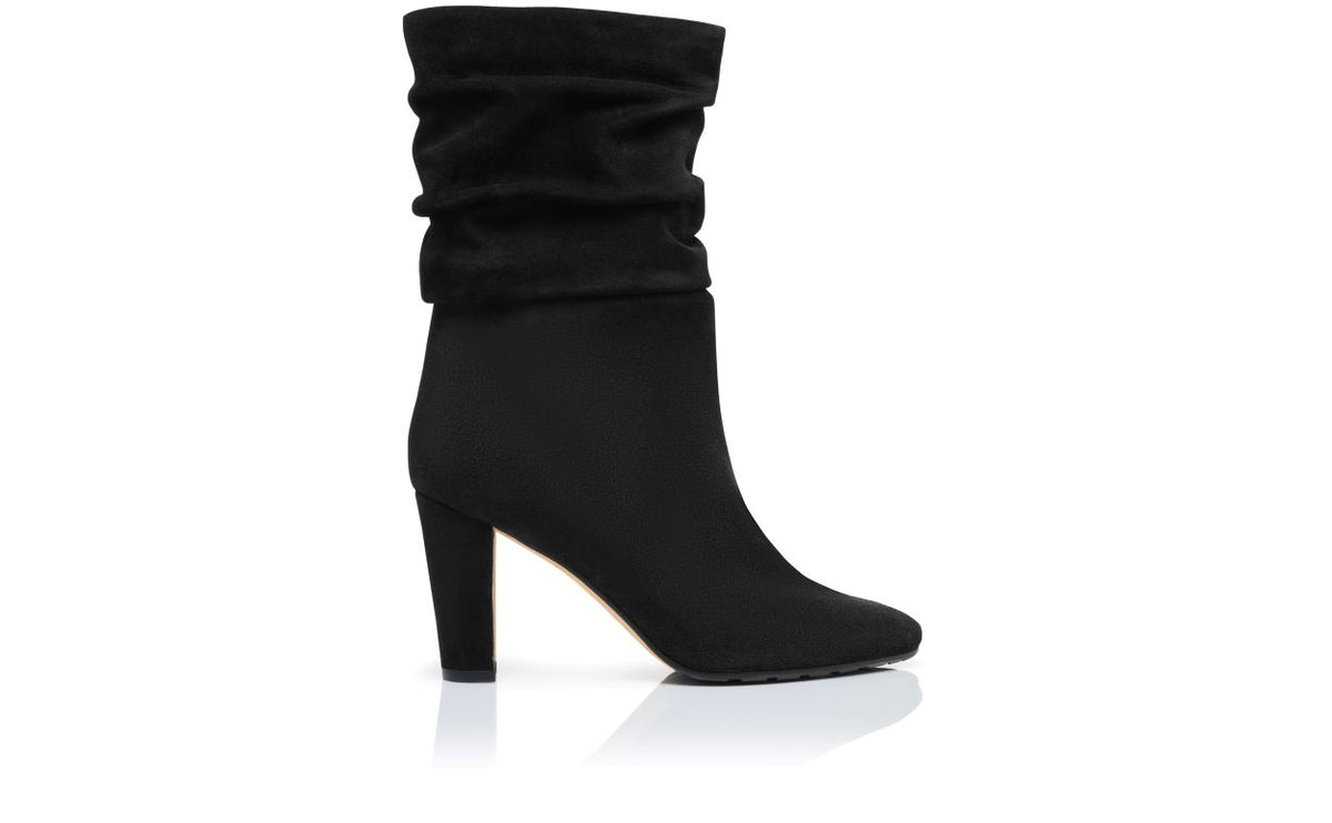 Juliette Grace Black Suede Mid-Calf Boots – side profile showing black suede, Vowalisse