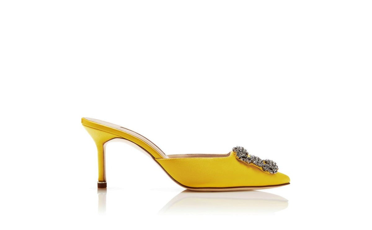 Odette Dawn Yellow Jewel Buckle Mules – side profile showing yellow jewel buckle, crystal buckle, almond toe, satin…