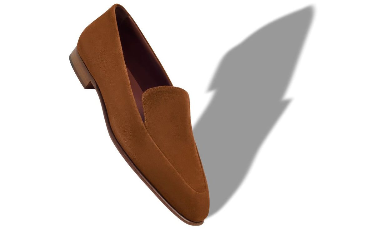 Arabella Pearl Brown Suede Loafers – front three-quarter view showing brown suede, Vowalisse