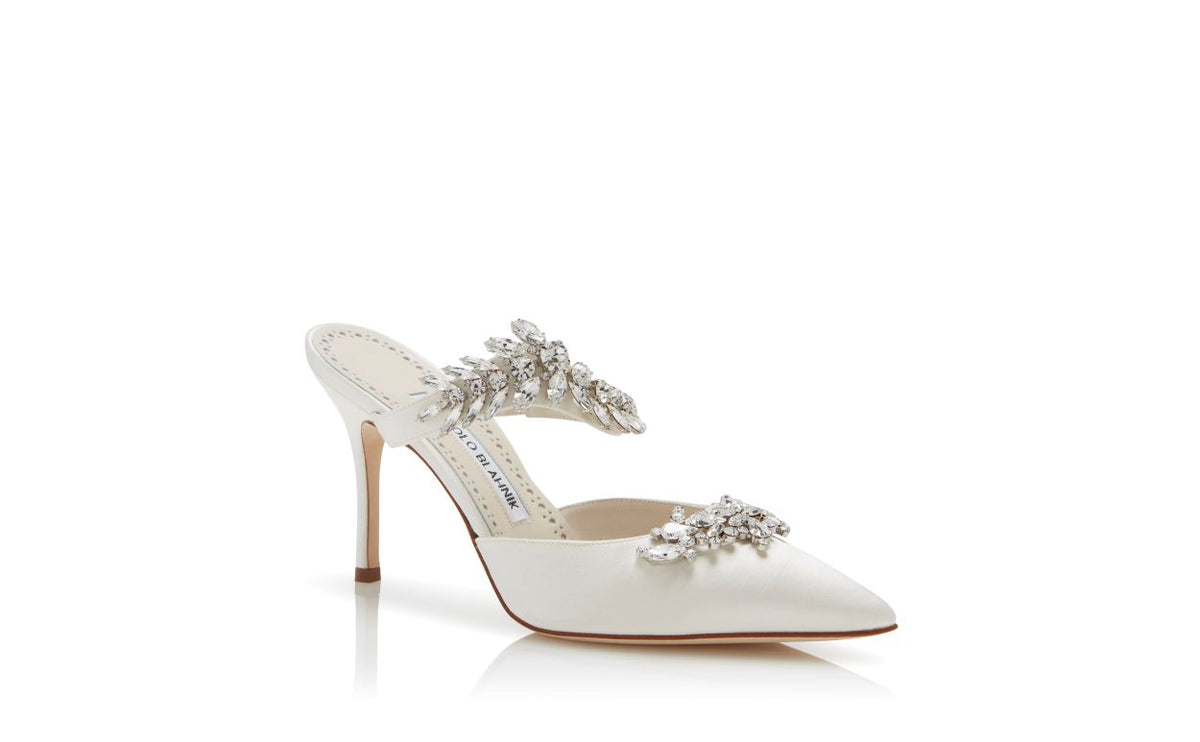 Fiorella Belle White Crystal Embellished Mules – top view showing white crystal embellished, pointed toe, satin, Vowalisse