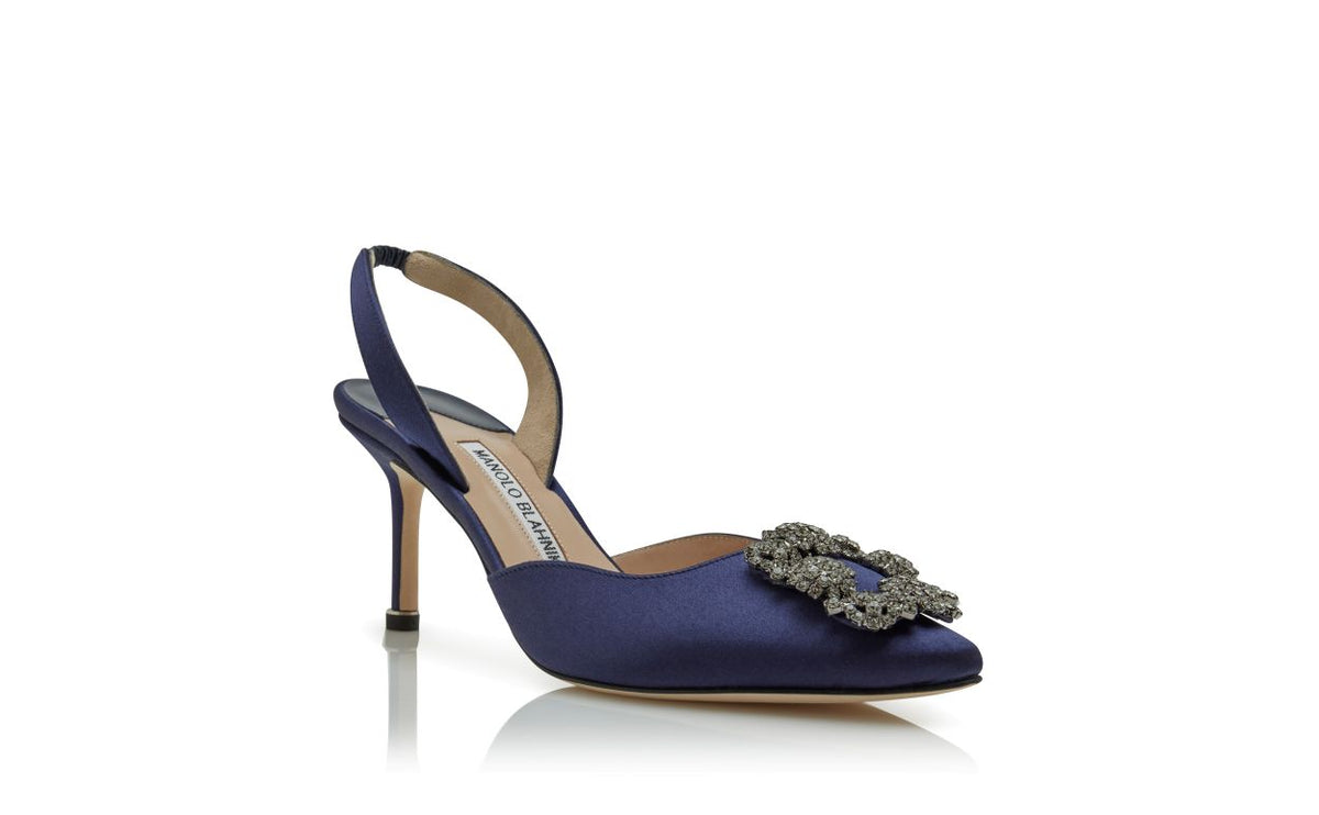 Evangeline Bloom Blue Jewel Buckle Slingbacks – top view showing blue jewel buckle, crystal buckle, ankle strap, slingback…