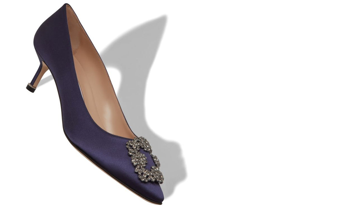 Aurelia Élan Blue Jewel Buckle Pumps – front three-quarter view showing blue jewel buckle, crystal buckle, almond toe…