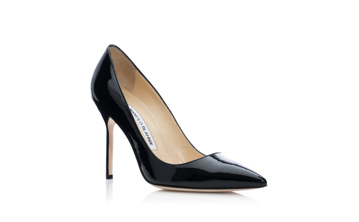 Fiorella Bloom Black Pointed Toe Pumps – top view showing black pointed toe, patent leather, Vowalisse