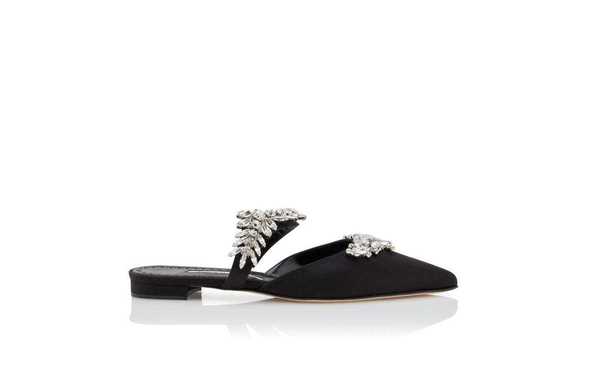 Delphine Flame Black Crystal Embellished Mules – side profile showing black crystal embellished, satin, Vowalisse