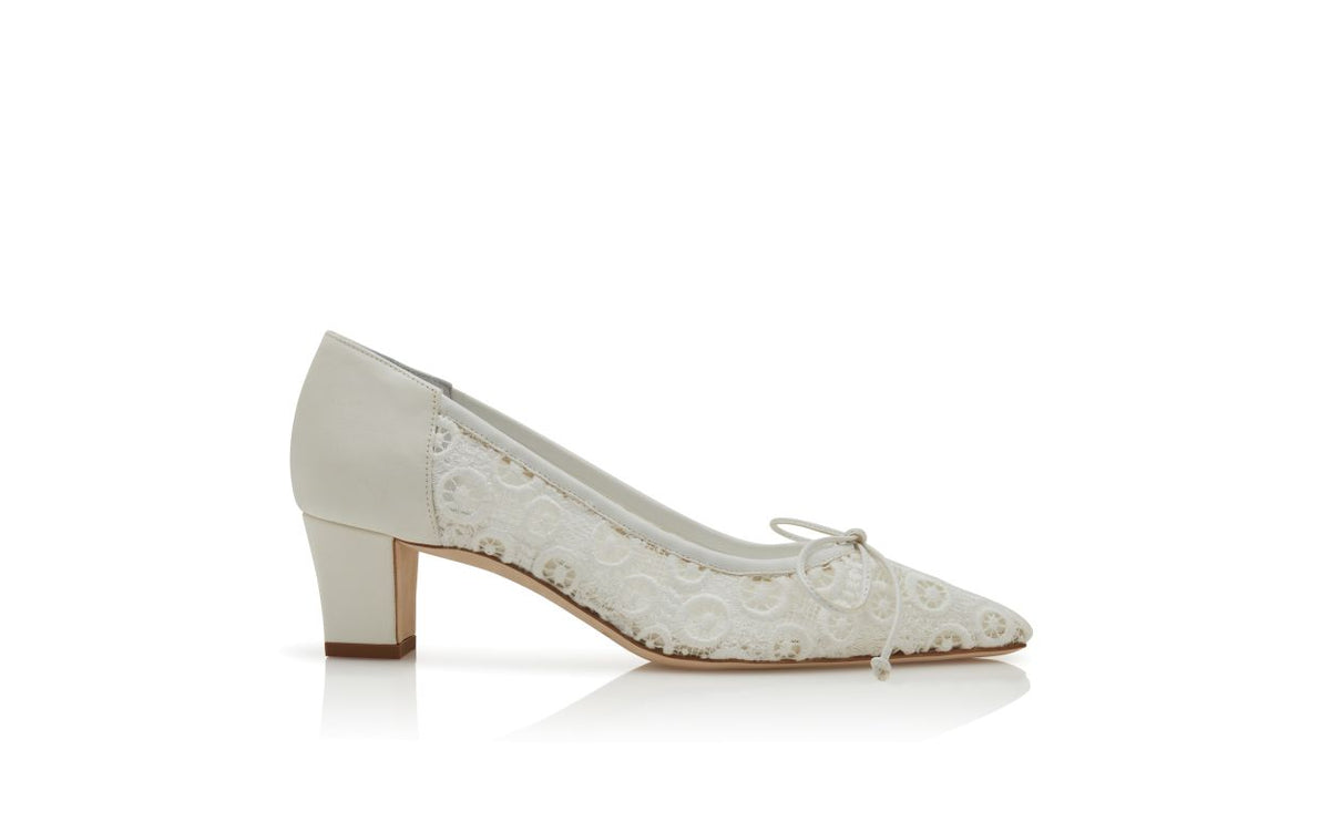 Elara Muse White Bow Detail Pumps – side profile showing white bow detail, almond toe, lace, Vowalisse