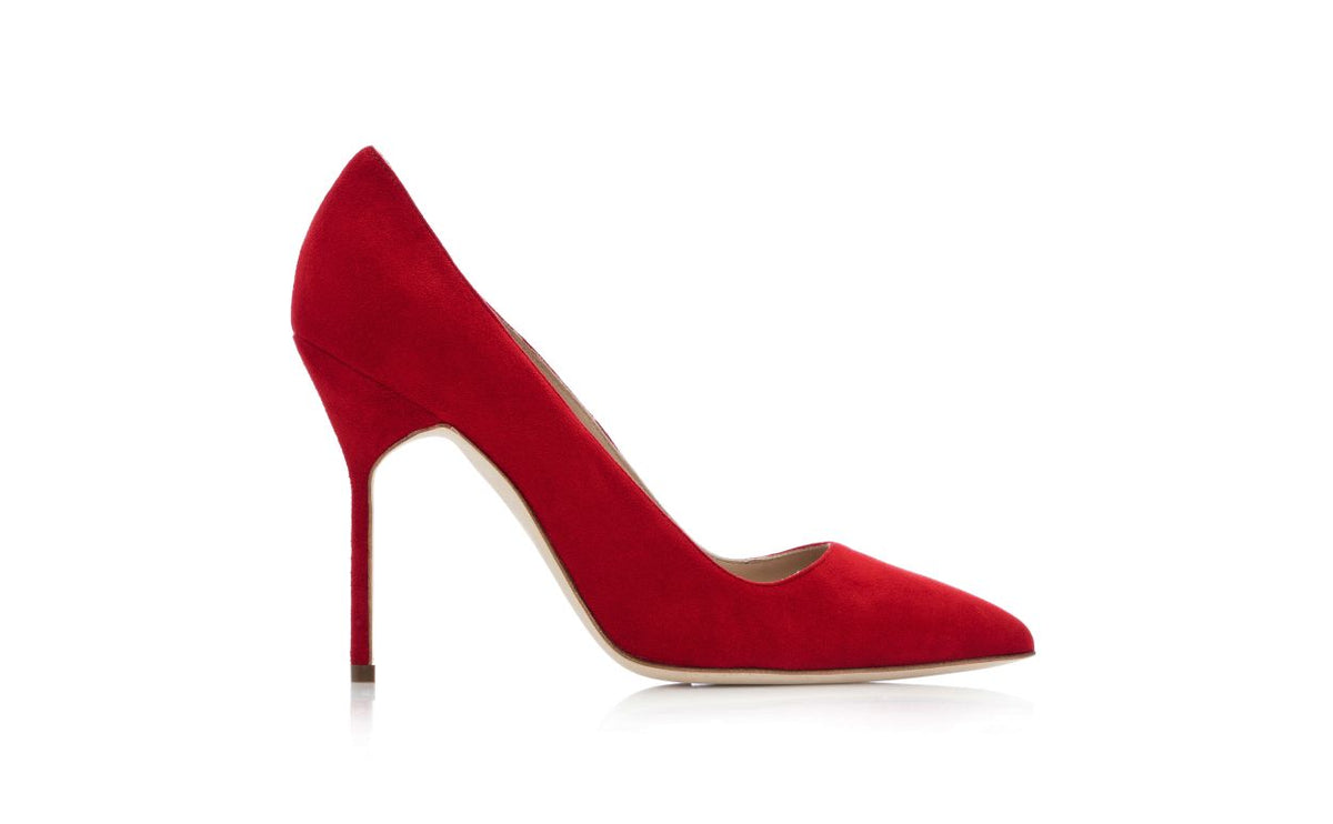 Lunette Bloom Red Pointed Toe Pumps – side profile showing red pointed toe, suede, Vowalisse