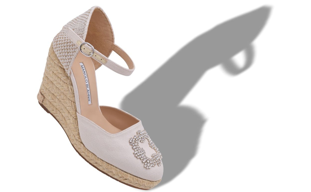 Estelle Halo White Crystal Buckle Espadrilles – front three-quarter view showing white crystal buckle, crystal embellished…
