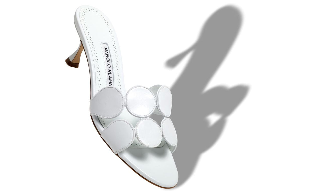 Genevieve Élan White Open Toe Mules – front three-quarter view showing white open toe, nappa leather, Vowalisse