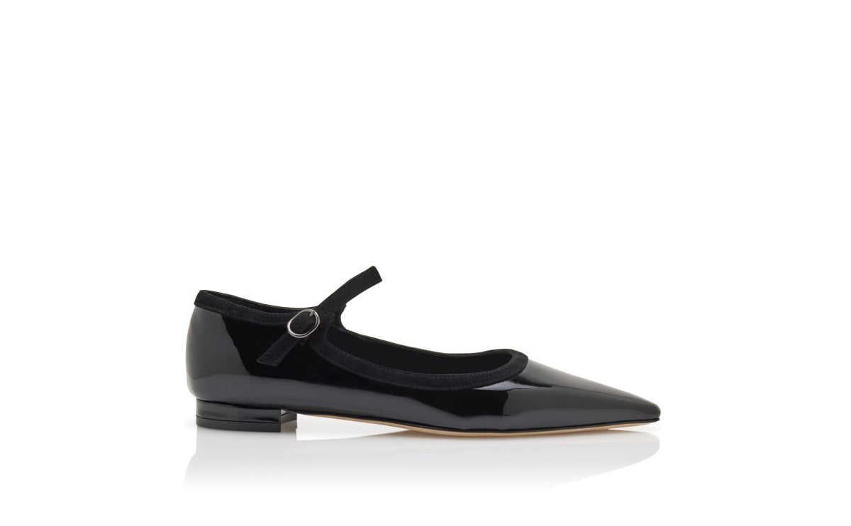 Fiorella Star Black Pointed Toe Mary Jane Shoes – side profile showing black pointed toe, suede, patent leather, Vowalisse
