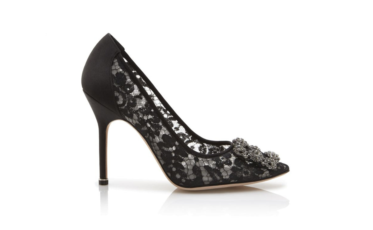 Vivienne Dawn Black Jewel Buckle Pumps – side profile showing black jewel buckle, crystal buckle, almond toe, satin…
