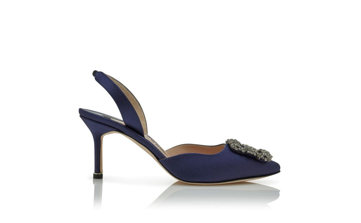 Evangeline Bloom Blue Jewel Buckle Slingbacks – side profile showing blue jewel buckle, crystal buckle, ankle strap…