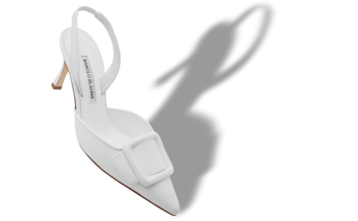 Delphine Crown White Slingback Slingbacks – front three-quarter view showing white slingback, pointed toe, nappa leather…