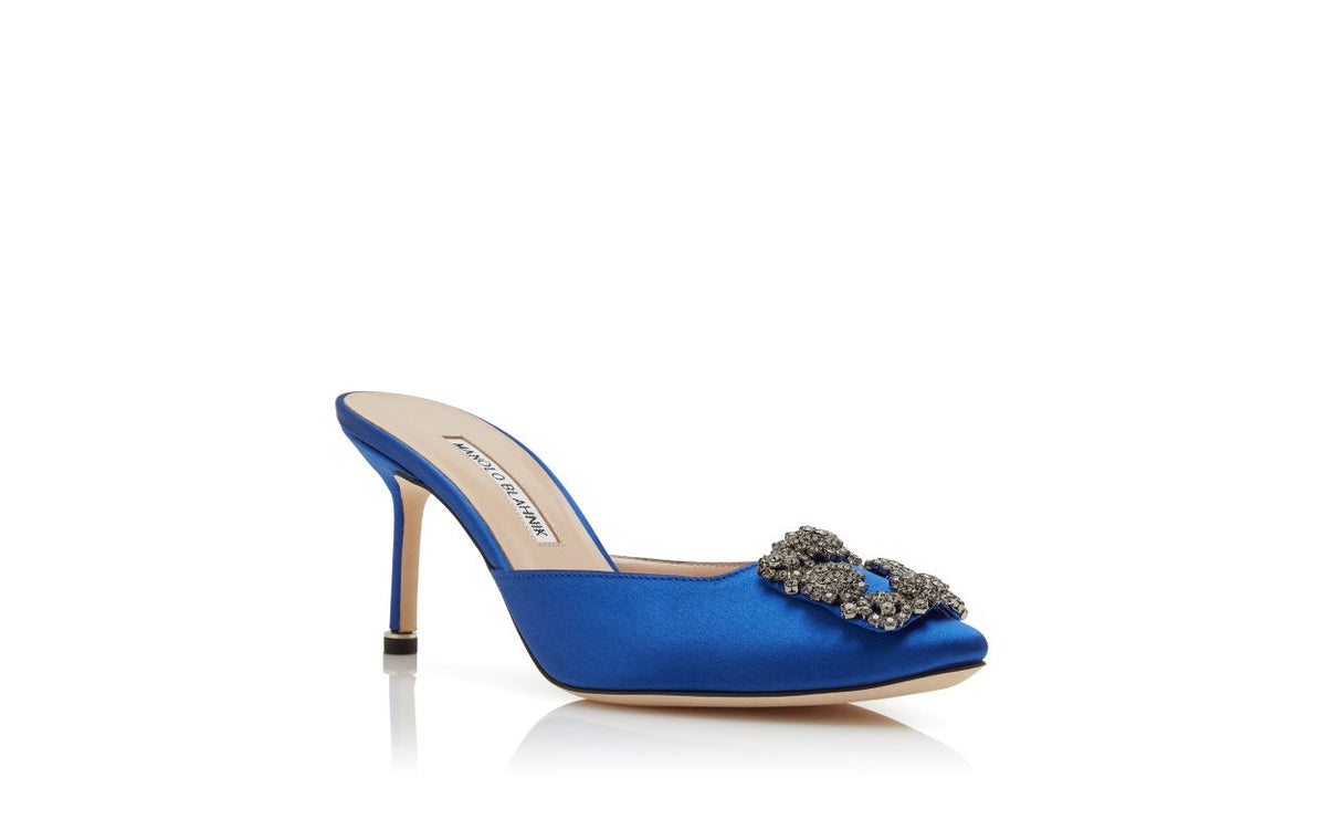 Juliette Crown Blue Jewel Buckle Mules – top view showing blue jewel buckle, crystal buckle, almond toe, satin, Vowalisse