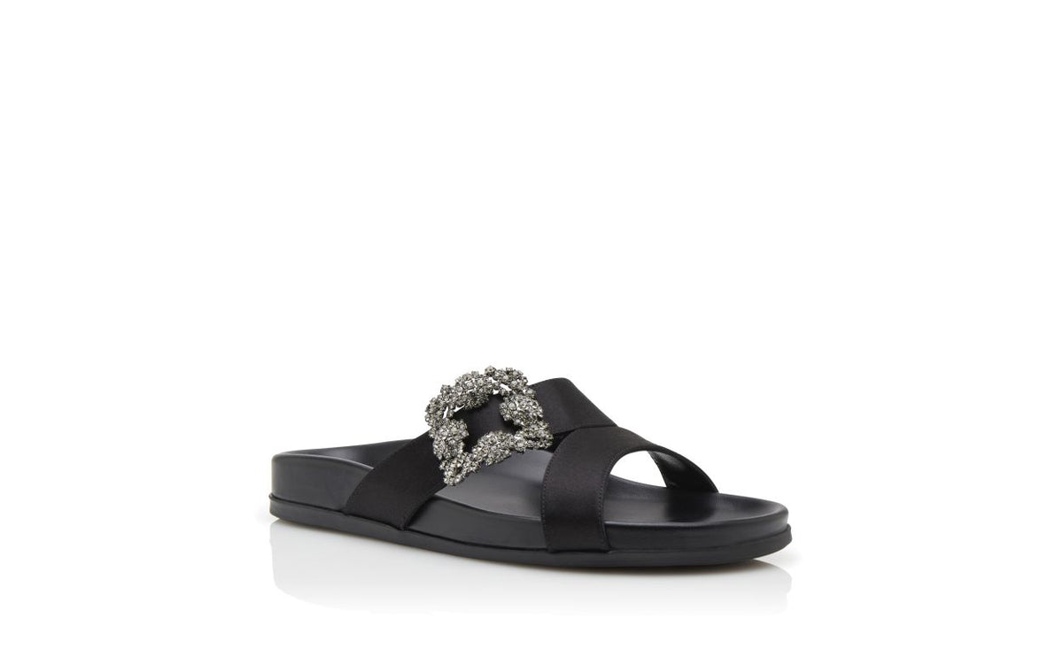 Marielle Grace Black Jewel Buckle Mules – top view showing black jewel buckle, crossover, open toe, satin, Vowalisse