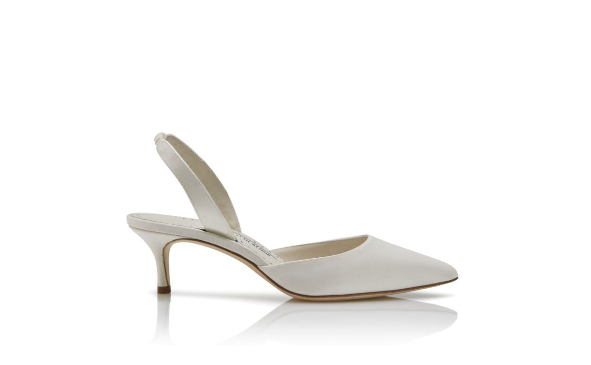 Celeste Belle White Slingback Slingbacks – side profile showing white slingback, pointed toe, satin, Vowalisse