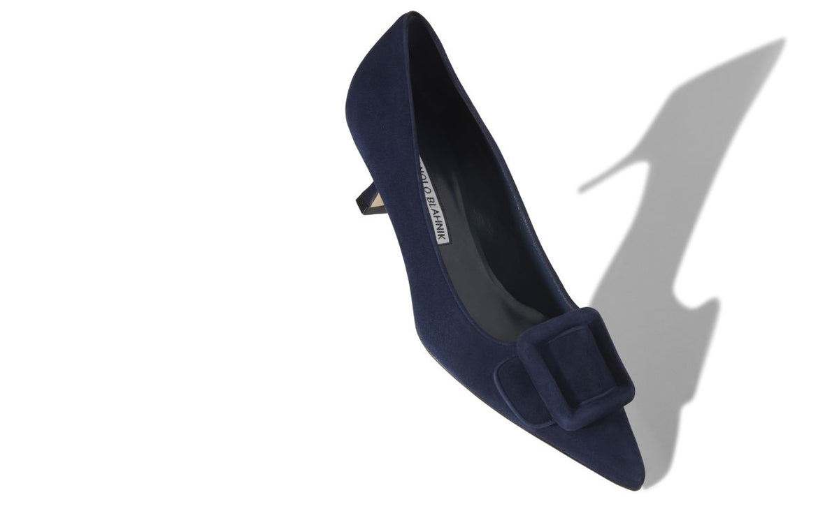 Valentina Bloom Blue Pointed Toe Pumps – front three-quarter view showing blue pointed toe, suede, Vowalisse