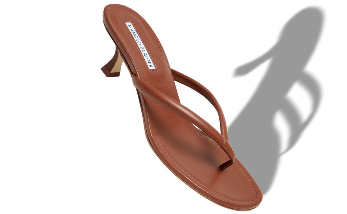 Noelle Flame Brown Nappa Leather Mules – front three-quarter view showing brown nappa leather, Vowalisse