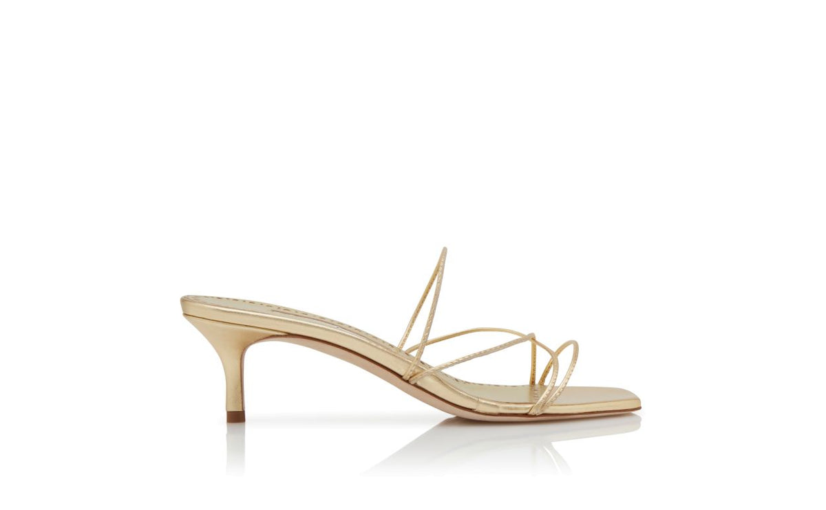 Estelle Dawn Gold Open Toe Mules – side profile showing gold open toe, nappa leather, Vowalisse