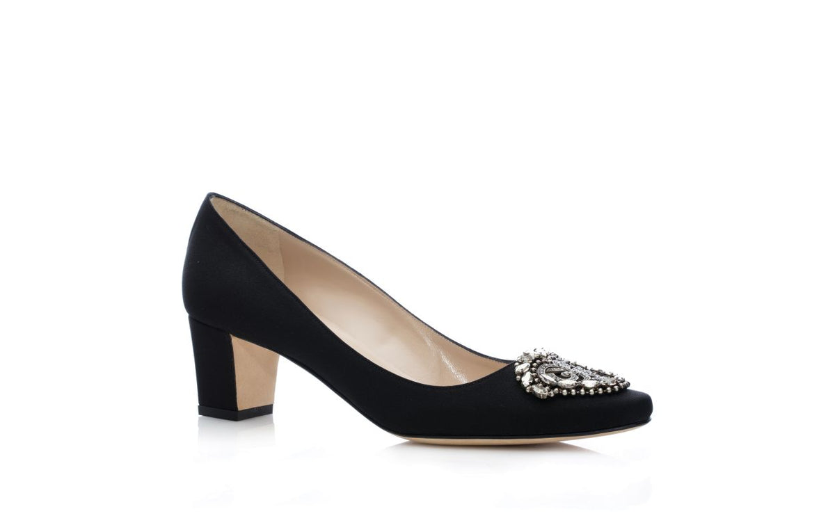 Adriana Dawn Black Jewel Buckle Pumps – top view showing black jewel buckle, crystal buckle, almond toe, Vowalisse
