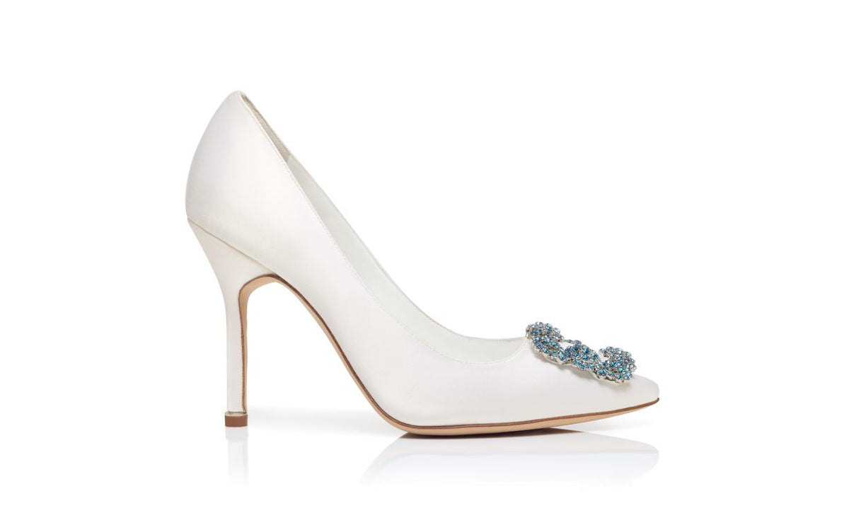 Aurelia Pearl White Jewel Buckle Pumps – side profile showing white jewel buckle, crystal buckle, almond toe, satin…