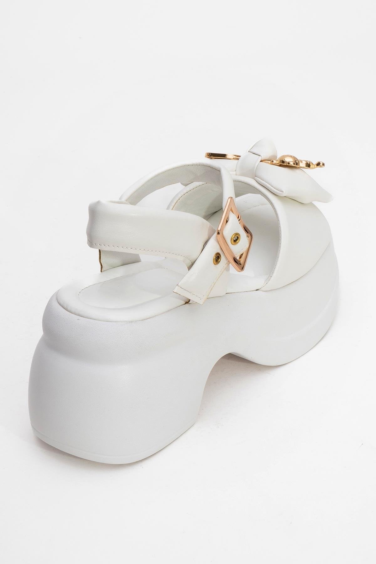 Merida White Buckle Platform Sandal – back view showing leather, white, gold, Vowalisse