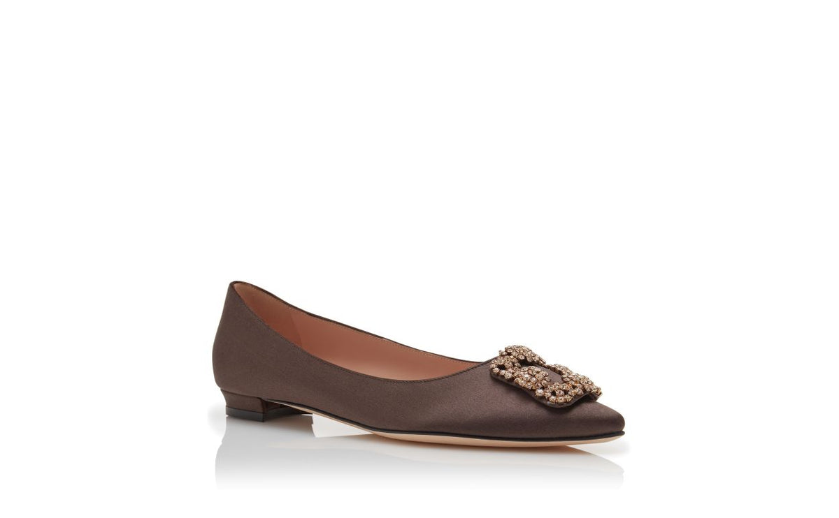 Anastasia Flame Brown Jewel Buckle Pumps – top view showing brown jewel buckle, crystal buckle, almond toe, satin…