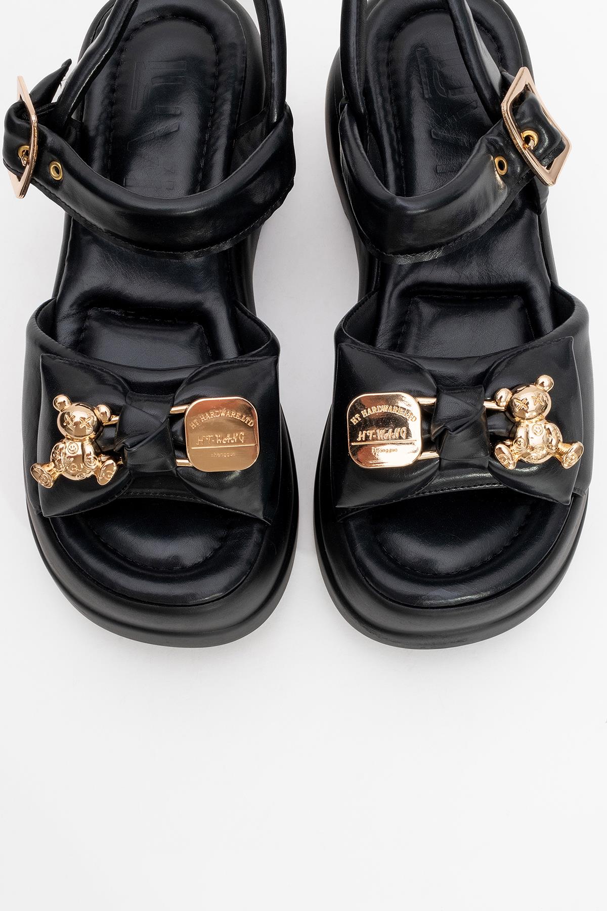 Merida Black Buckle Platform Sandal – side view showing leather, black, gold, Vowalisse