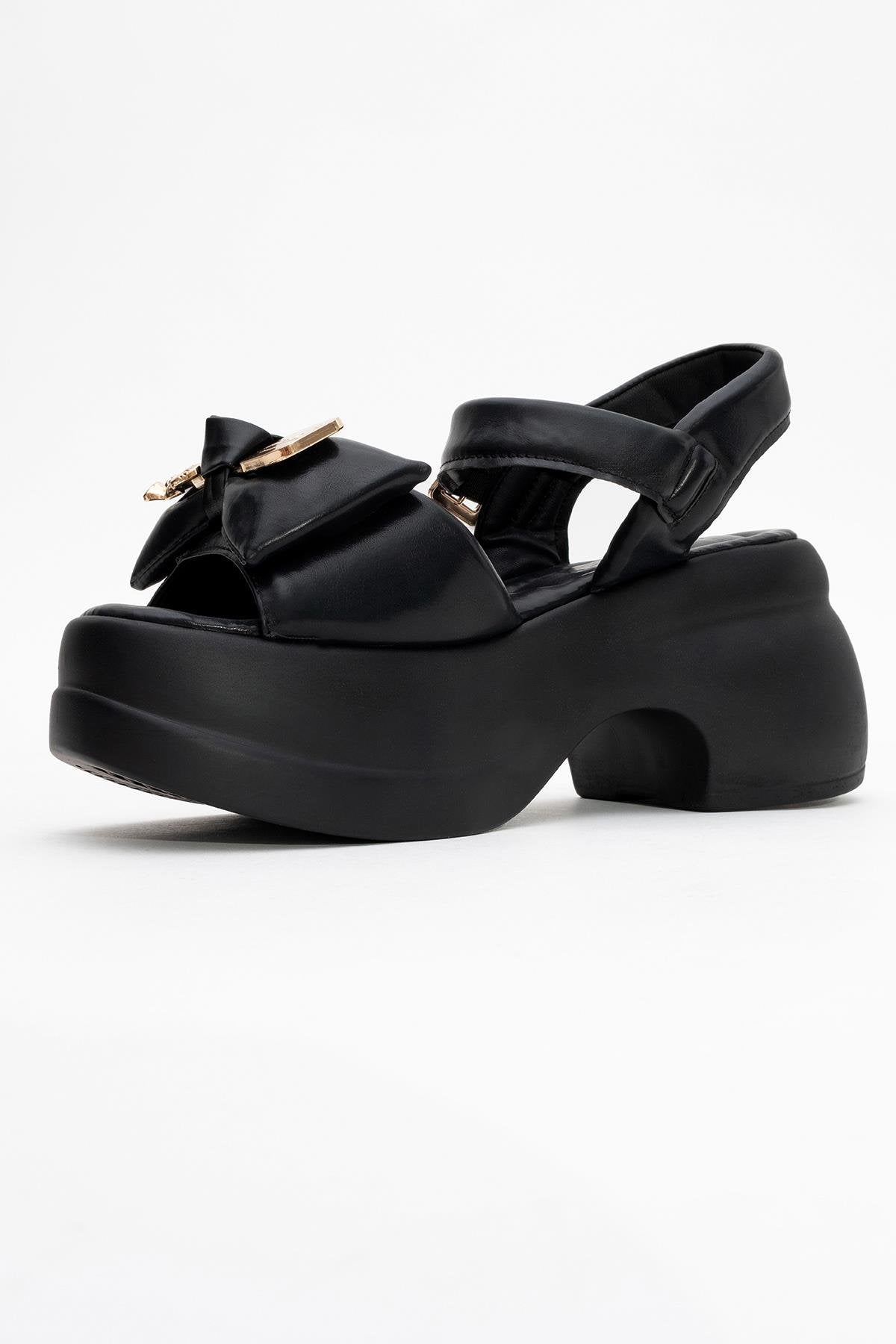 Merida Black Buckle Platform Sandal – heel view showing leather, black, gold, Vowalisse
