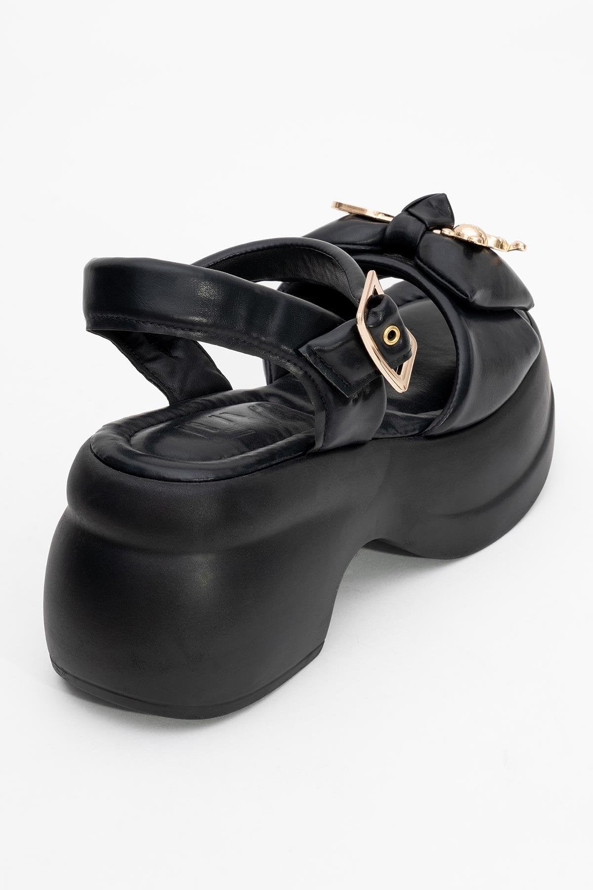 Merida Black Buckle Platform Sandal – back view showing leather, black, gold, Vowalisse