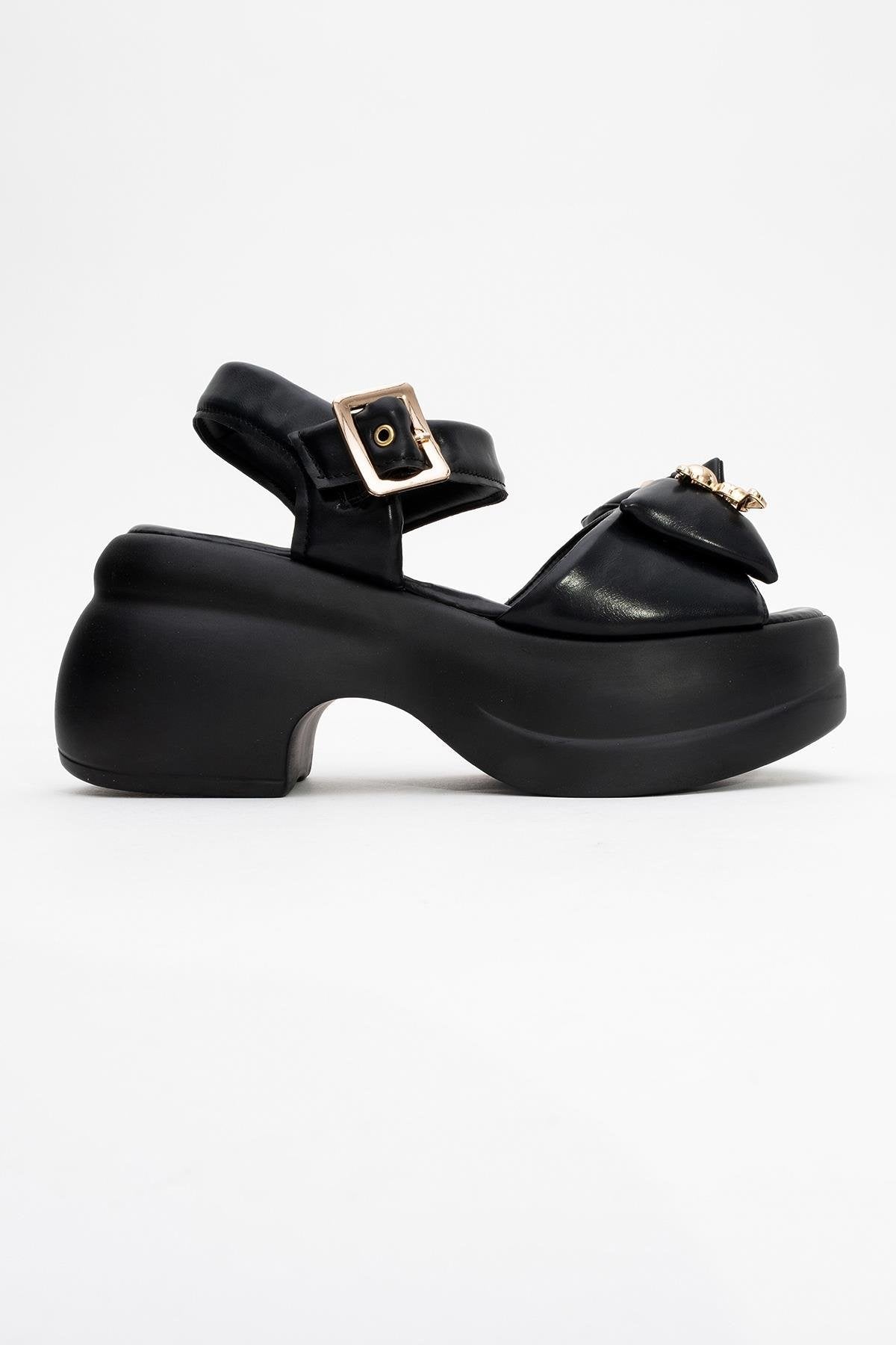 Merida Black Buckle Platform Sandal – top view showing leather, black, gold, Vowalisse