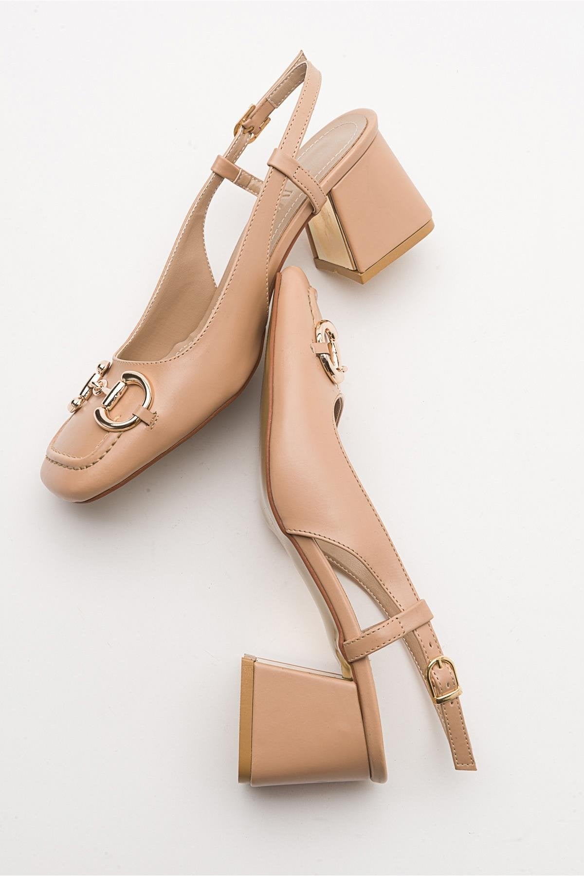 Karol - Beige Heeled Shoe – heel view showing leather, Vowalisse