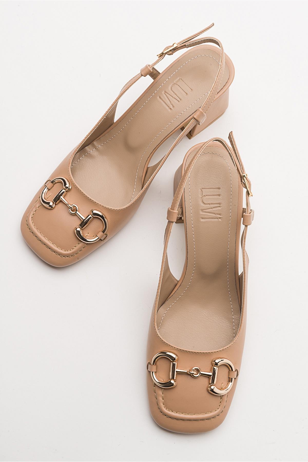 Karol - Beige Heeled Shoe – back view showing leather, Vowalisse