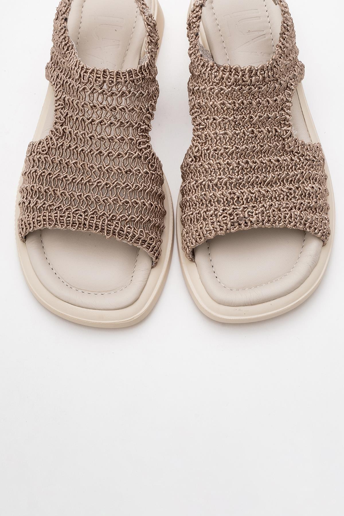 Weave - Dark Beige Leather Woven Sandal – side view showing leather, Vowalisse