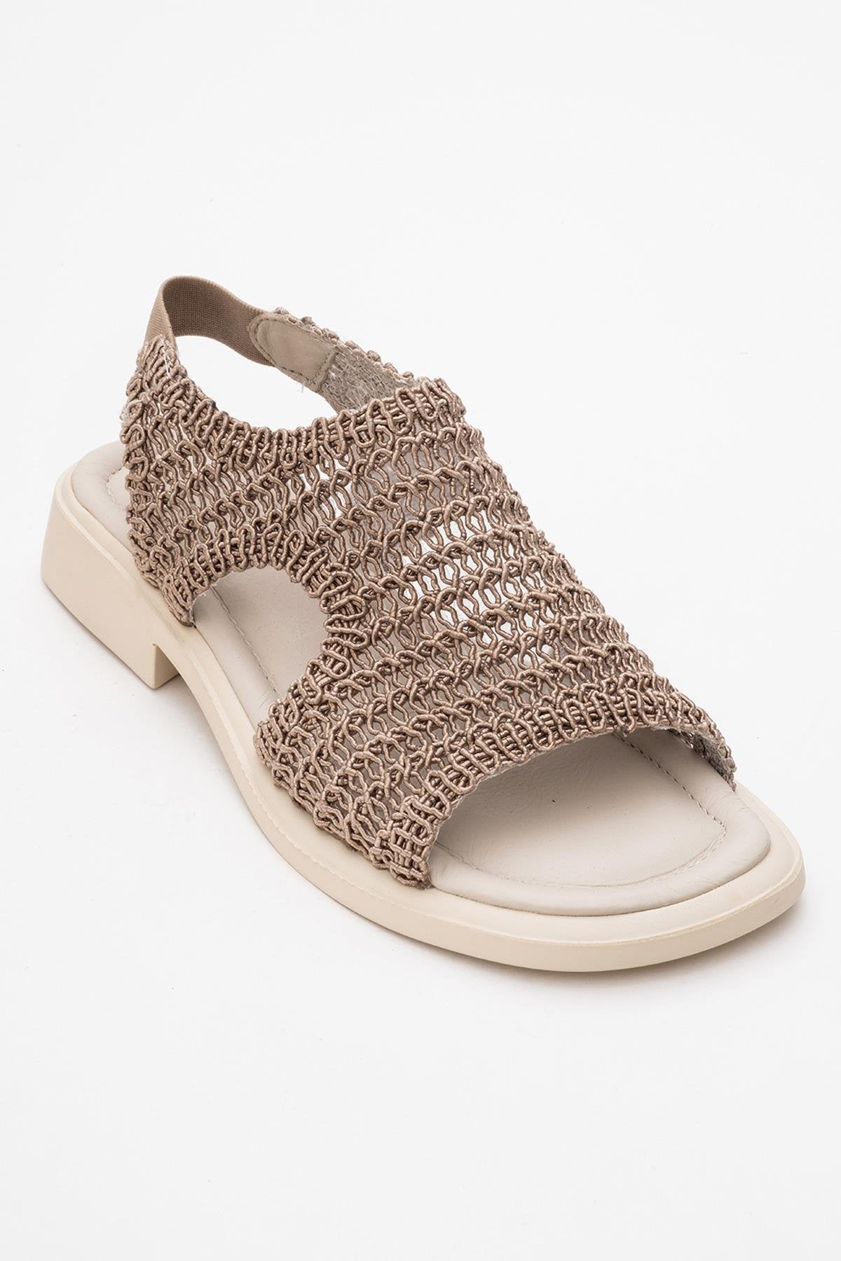 Weave - Dark Beige Leather Woven Sandal – detail view showing leather, Vowalisse