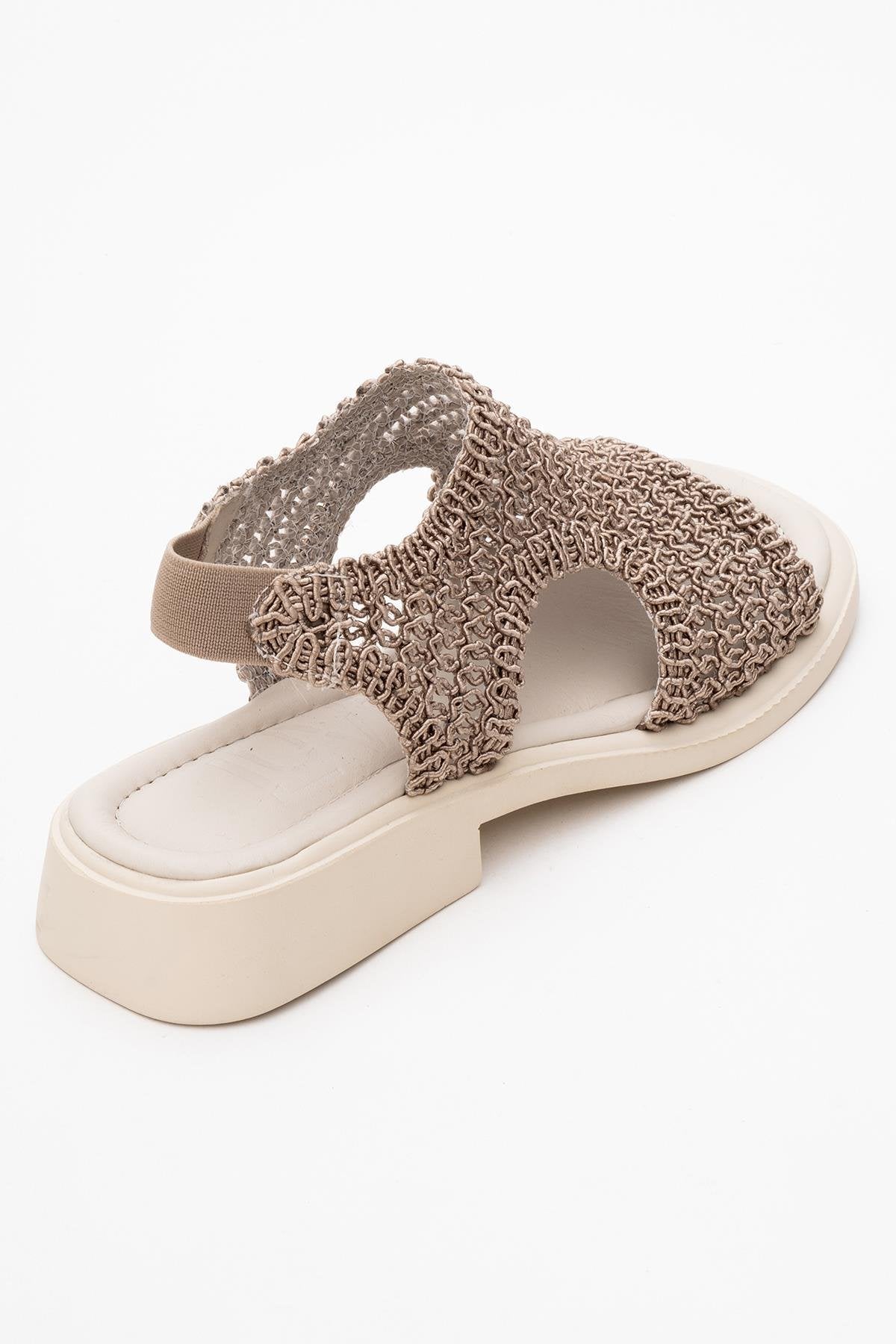 Weave - Dark Beige Leather Woven Sandal – back view showing leather, Vowalisse