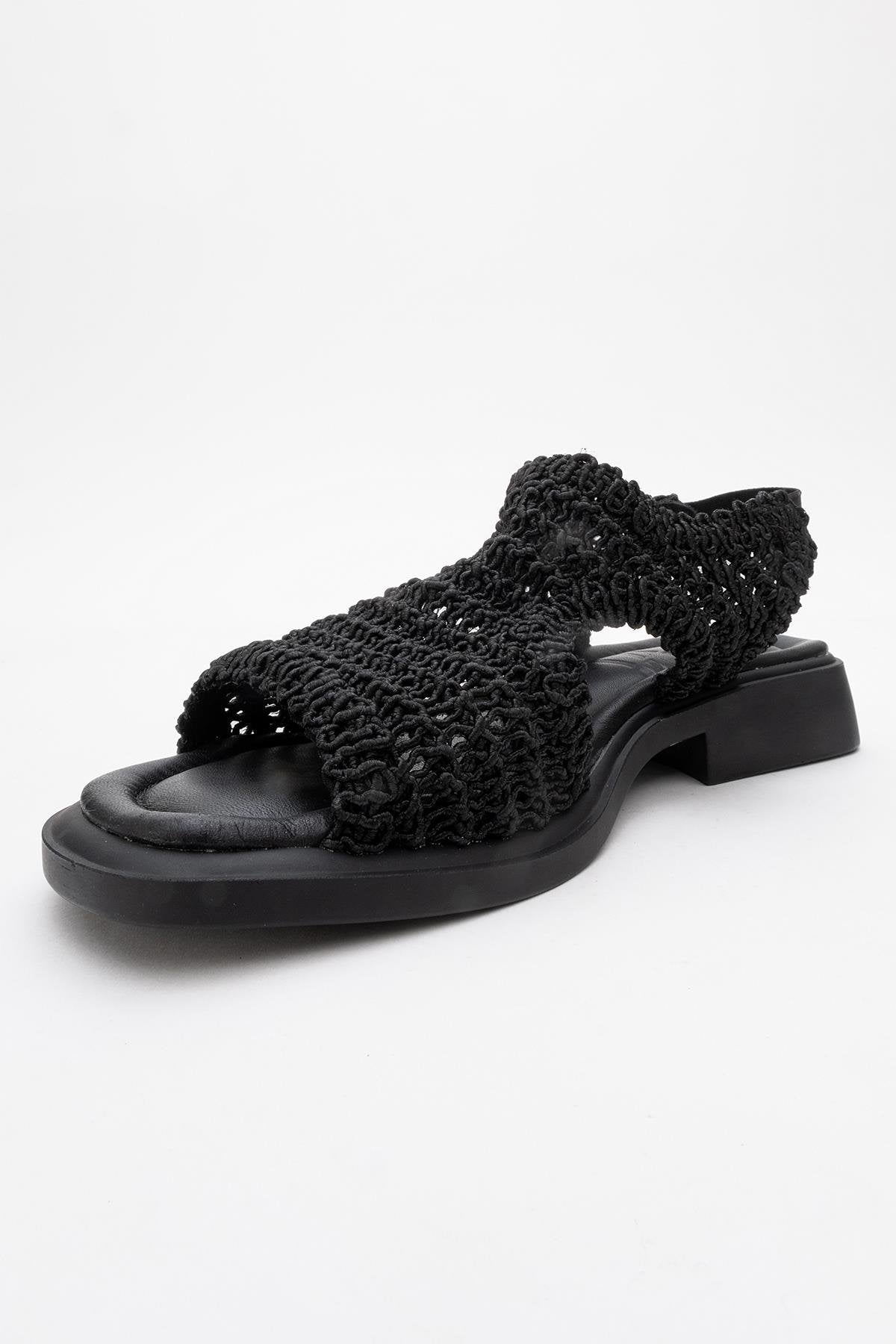 Weave - Black Leather Woven Sandal – heel view showing leather, black, Vowalisse