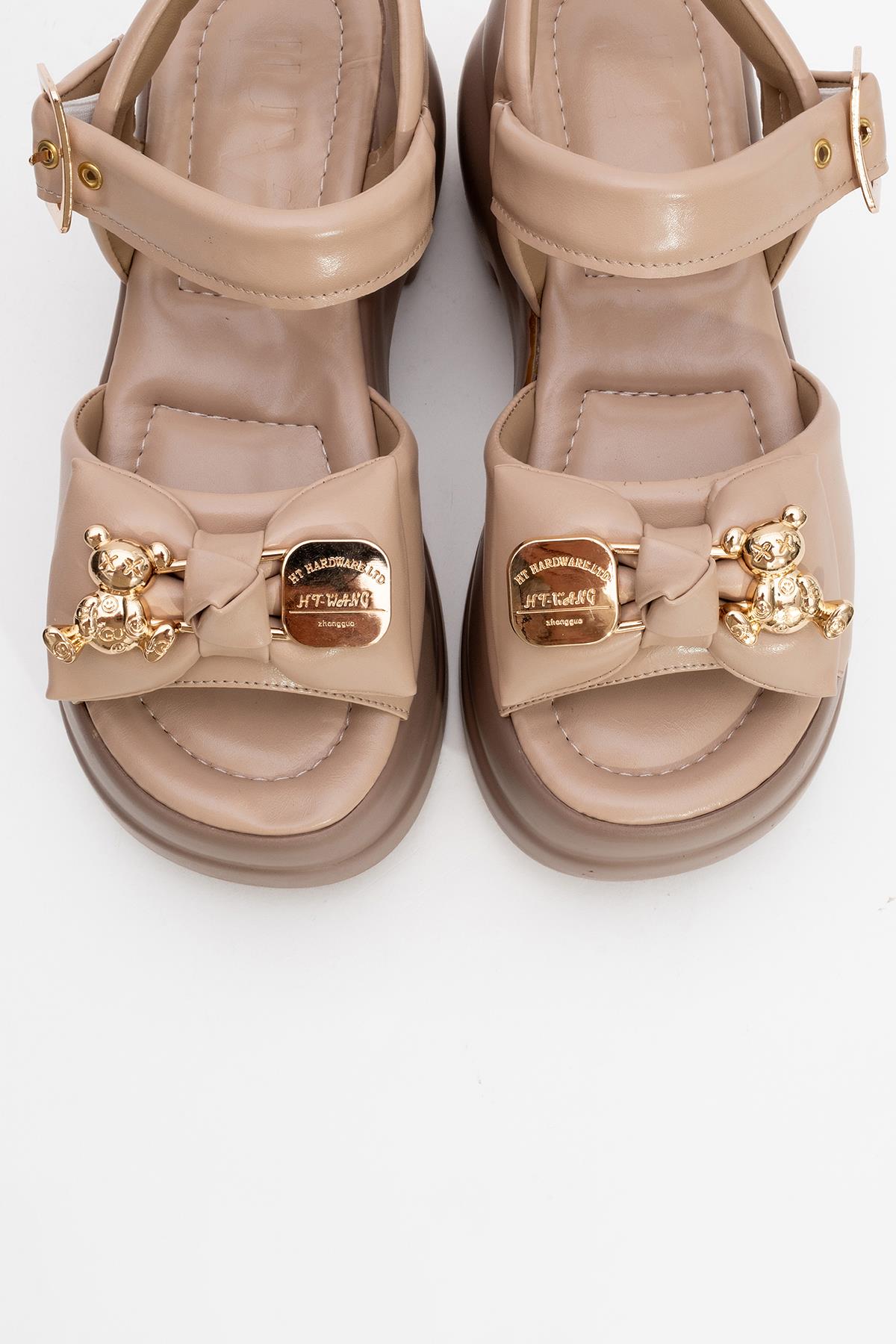 Merida Dark Beige Buckle Platform Sandal – side view showing leather, gold, Vowalisse
