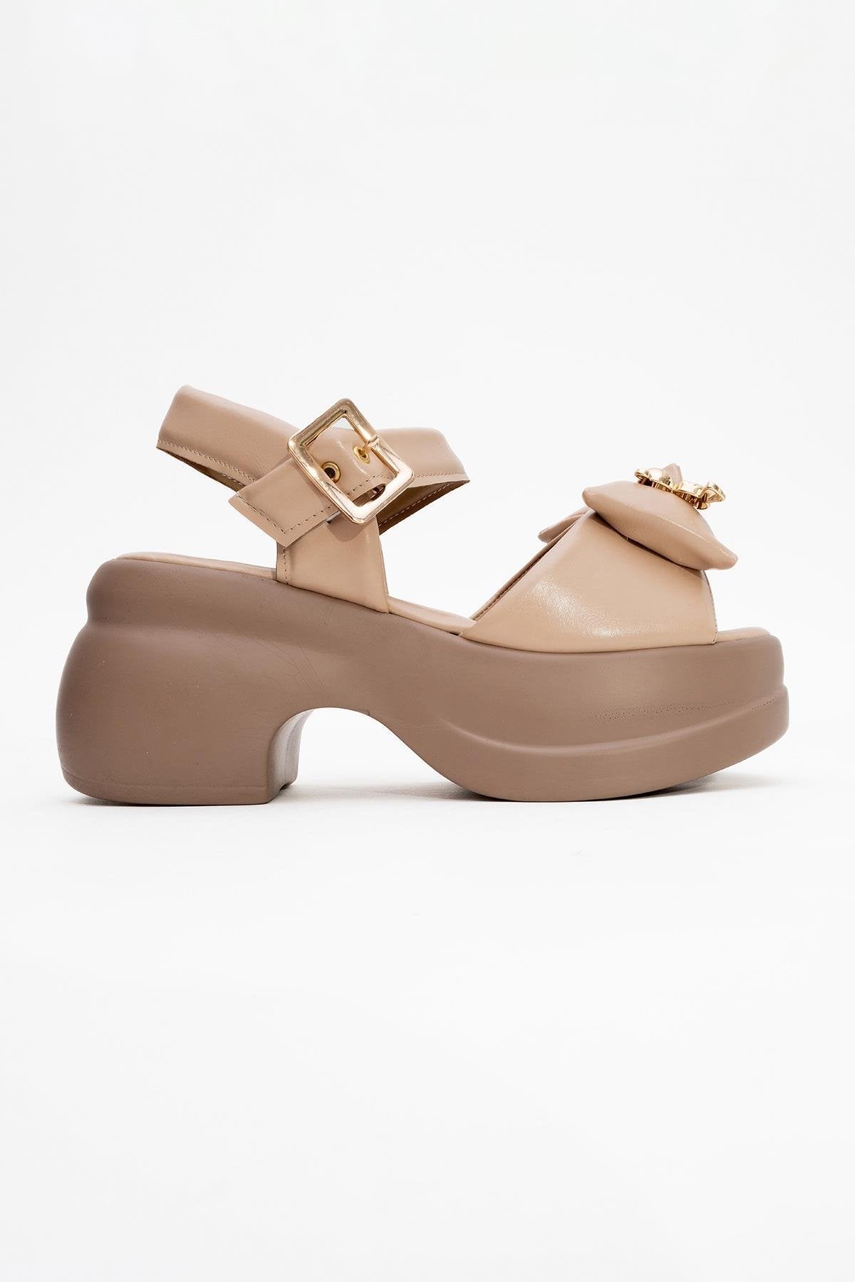 Merida Dark Beige Buckle Platform Sandal – top view showing leather, gold, Vowalisse