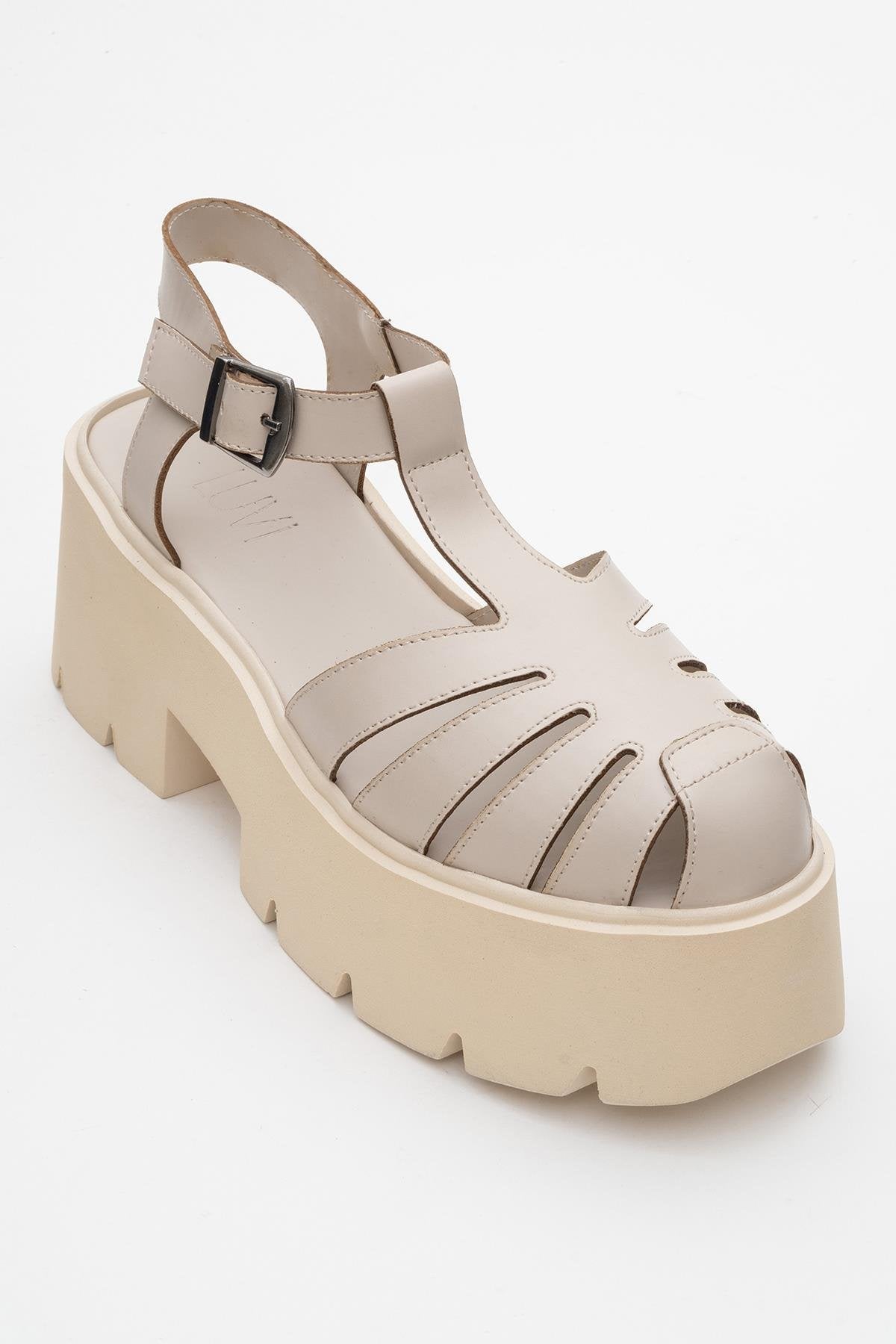 Verua - Beige Platform Sandal – detail view showing leather, Vowalisse